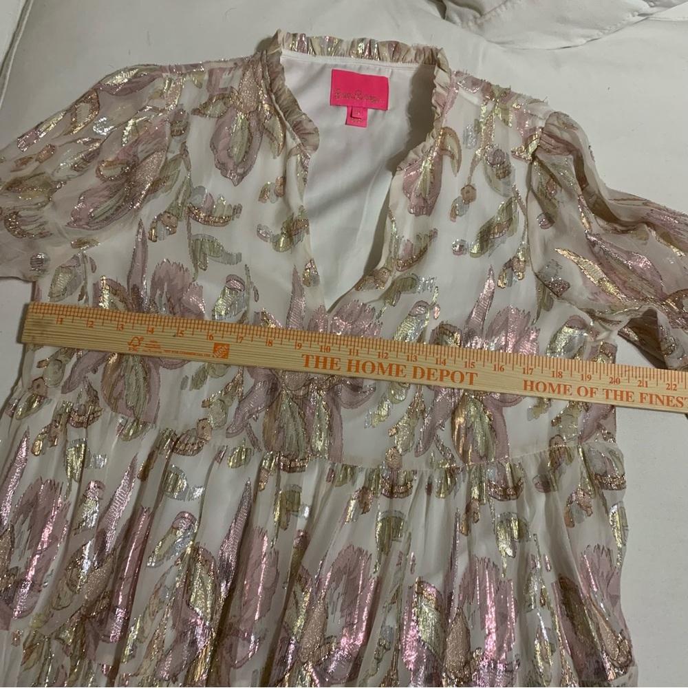 Lilly Pulitzer Sarita Silk Tiered Dress Coconut Rose Gold Metallic - Picture 11 of 14